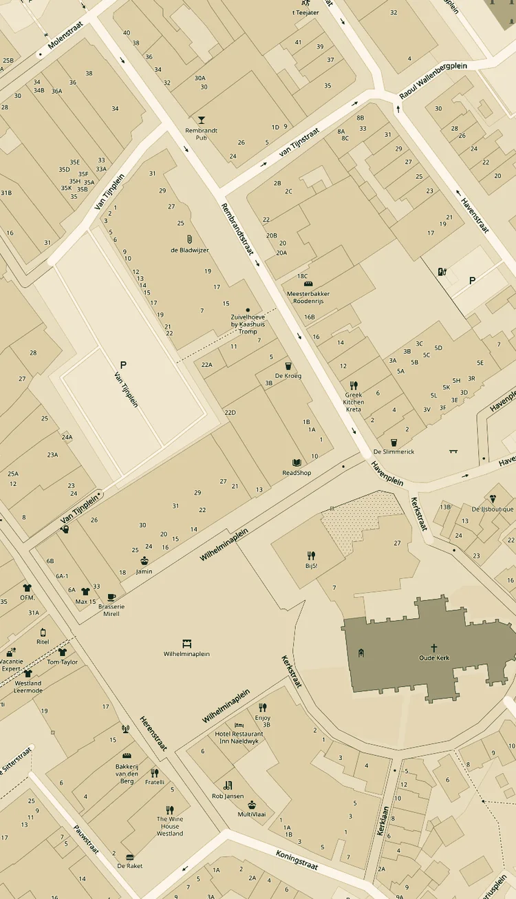 Plattegrond met de zes deelnemende zaken in het centrum van Naaldwijk